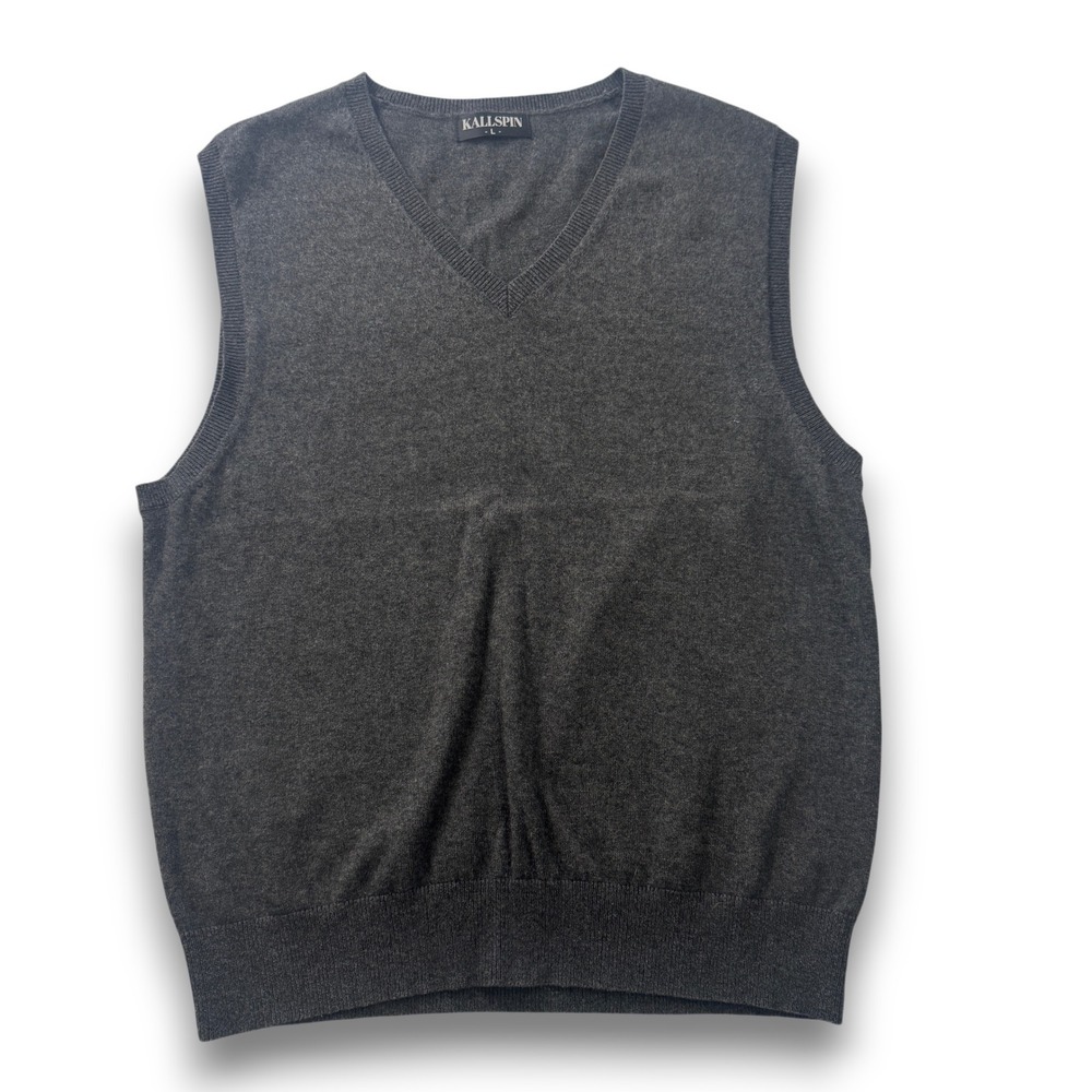 Kallspin Mens V-Neck Sweater Vest Charcoal Gray Wool Cashmere Blend Size L